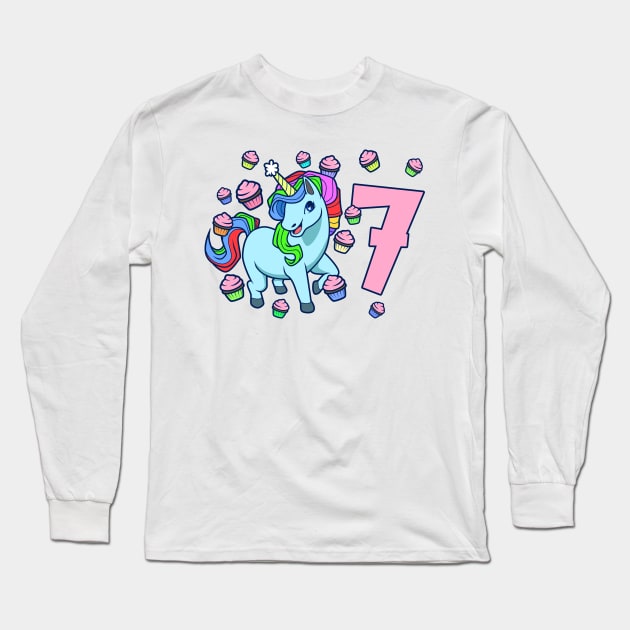 I am 7 with unicorn - girl birthday 7 years old Long Sleeve T-Shirt by Modern Medieval Design